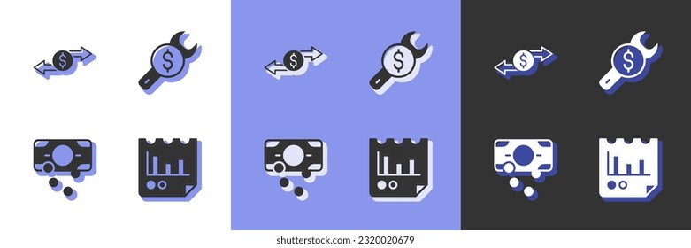 Dokument mit Diagramm, Geldwechsel, Papiergeld-Stacks und Reparatur-Preis-Symbol festlegen. Vektorgrafik