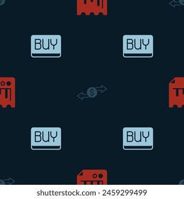 Set Document with graph chart, Money exchange and Buy button on seamless pattern. Vector