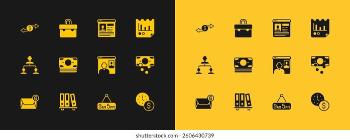 Set Document with graph chart, Office folders, Video chat conference, From 9 to 5 job, Stacks paper money cash, Resume, Money exchange and Briefcase icon. Vector