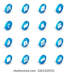 Set Document with graph chart, Ordered envelope, Family insurance shield, Plane, File document and paper clip, Briefcase, Smartphone and Traveling baggage icon. Vector