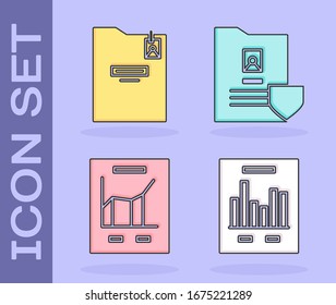 Set Document with graph chart, Personal folder, Document with graph chart and Document with shield icon. Vector