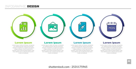 Definir Documento com gráfico, paisagem de Imagem, botão de ação de papel Nota e Calendário. Modelo de infográfico comercial. Vetor