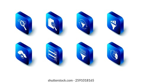 Set Document with graph chart, Sales funnel, Pie infographic, Binary code, Server, Cloud computing lock and Search data analysis icon. Vector
