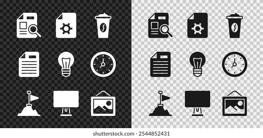 Set Document with graph chart, settings, Coffee cup to go, Mountains flag on top, Computer monitor, Picture landscape, File document and Light bulb icon. Vector