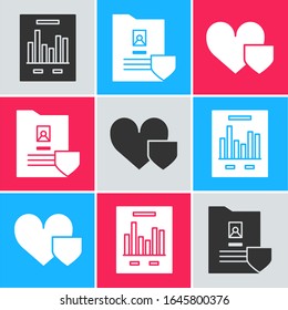 Set Document with graph chart, Document with shield and Heart with shield icon. Vector