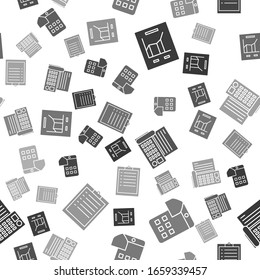 Set Document with graph chart, Smartphone insurance, Fax machine and Clipboard with checklist on seamless pattern. Vector
