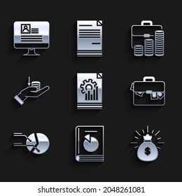 Set Document with graph chart, User manual, Money bag, Briefcase and money, Pie infographic, hand, coin and Computer monitor resume icon. Vector