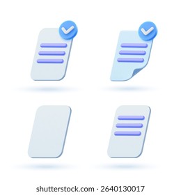 Set of document icon with check mark in 3d cartoon style. White paper sheet. Vector illustration. 