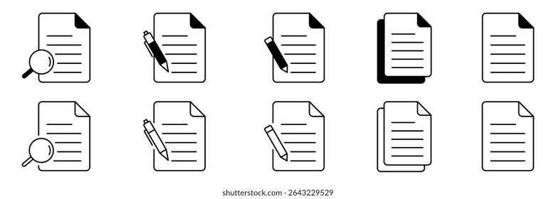 Conjunto de coleção de ícones do Documento. Contendo documentos do contrato, pasta, certificado, aceitar, aprovado, área de transferência, fatura, símbolo de arquivo. Ilustração de vetor.