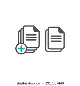 Set of document icons. Black rounded document sheet with plus sign. Flat icon isolated on white. Upload document icon.  New document. 