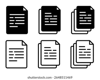 Um conjunto de ícones de documento em preto-e-branco isolado no plano de fundo branco