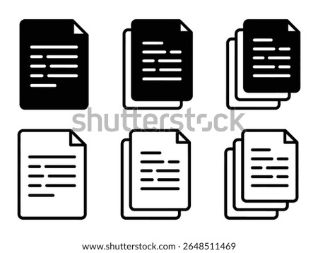 A set of document icons in black and white isolated on white background