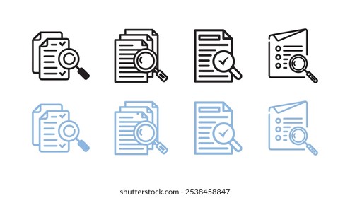 Um conjunto de ícones de documentos com lentes de aumento e marcas de seleção em variações de preto e azul. Ideal para negócios, revisão de dados, análise e projetos relacionados a documentos.