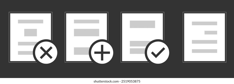 set of document icons! Perfect for managing tasks, approvals, and file actions, these modern icons with clear checkmarks, plus, and X symbols will simplify your project tracking and file organization.