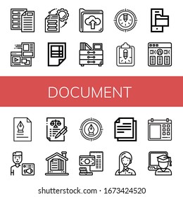 Set of document icons. Such as Archive, Website, File storage, Spreadsheet, Folder, Drawers, Pencil, Clipboard, Resume, Document, News admin, Agreement, Contract , document icons