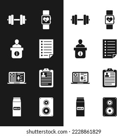 Establecer documento, mostrador de información, Dumbbell, ritmo de latido cardíaco de reloj inteligente, registro clínico médico y portapapeles con icono de currículum. Vector