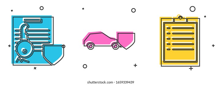 Set Document with key with shield, Car with shield and Clipboard with checklist icon. Vector