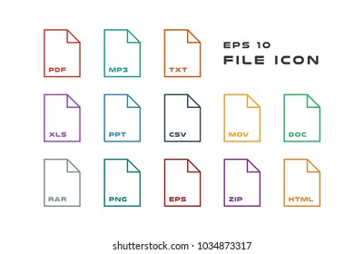 Set of Document Labels and File Formats Icons. PDF, MP3, TXT, XLS, PPT, CSV, MOV, DOC, RAR, PNG, EPS, ZIP, HTML. Vector illustration. EPS 10
