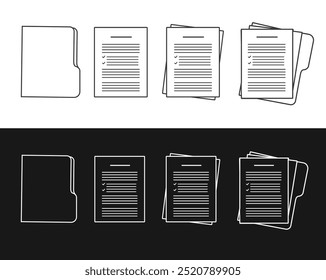 Satz von Dokumentlinienart. Symbol Papierdokumente. Ordner mit Stempel und Text. Paket von Vereinbarungen dokumentieren Konzept von Papierkram, Geschäftsunterlagen. Ordner, Papierstapel