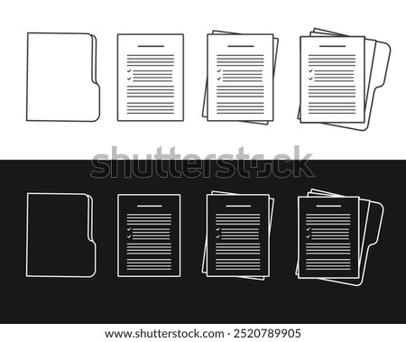 Set of Document line art. Icon Paper documents. Folder with stamp and text. Stack of agreements document Concept of paperwork, business documents. Folder, stack papers