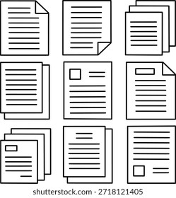 Conjunto de ícones da linha do documento no estilo de estrutura de tópicos. Arquivo, papel, relatório e símbolo de documento de texto. Vetor de traçado editável preto mínimo para negócios, escritório, interface do usuário e design da Web.