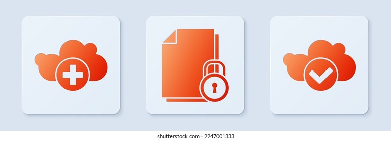 Set Document and lock, Add cloud and Cloud with check mark. White square button. Vector