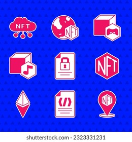 Set Document and lock, Binary code, NFT Digital crypto art, Ethereum ETH,  and cloud icon. Vector