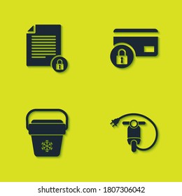 Establecer documento y bloqueo, motocicleta eléctrica, bolsa de enfriador y tarjeta de crédito con icono. Vector.