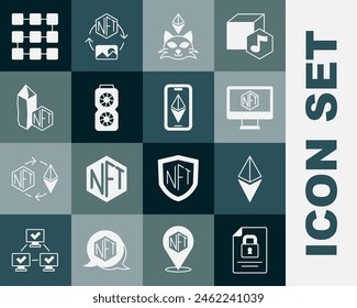 Set Document and Lock, Ethereum ETH, Monitor mit Art Store App, NFT Digital Crypto, Video-Grafikkarte, Blockchain-Technologie und Icon. Vektorgrafik