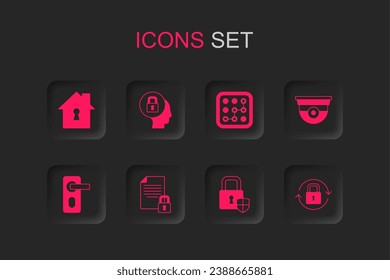 Set Document and lock, Lock, House under protection, Shield security with, Security camera, Graphic password and Fingerprint door icon. Vector