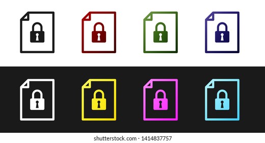 Set Document and lock icon isolated on black and white background. File format and padlock. Security, safety, protection concept. Vector Illustration