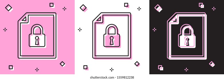 Set Document and lock icon isolated on pink and white, black background. File format and padlock. Security, safety, protection concept.  Vector Illustration