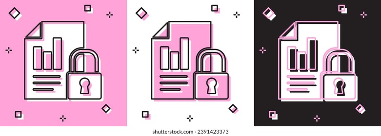 Establece el icono Documento y bloqueo aislado en fondo rosa y blanco, negro. Formato de archivo y candado. Seguridad, seguridad, concepto de protección.  Ilustración vectorial