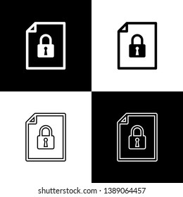 Set Document and lock icons isolated on black and white background. File format and padlock. Security, safety, protection concept. Vector Illustration
