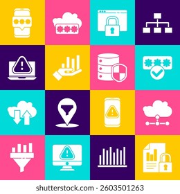 Set Document and lock, Network cloud connection, Password protection, Secure your site with HTTPS, SSL, Pie chart infographic, Laptop exclamation mark, Mobile password and Server shield icon. Vector