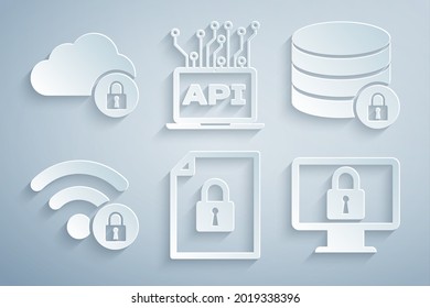 Establecer documento y bloqueo, seguridad del servidor con, WiFi bloqueado, bloqueo en el monitor, interfaz de computadora y icono de computación en nube. Vector