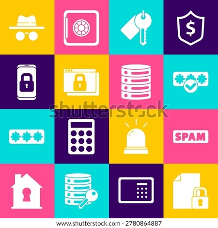 Set Document and lock, Spam, Password protection, Marked key, Secure your site with HTTPS, SSL, Mobile closed padlock, Incognito mode and Server, Data, Web Hosting icon. Vector