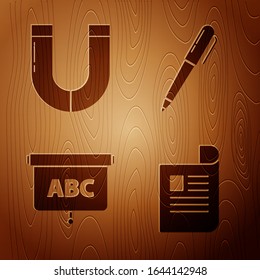 Set Document, Magnet, Chalkboard and Pen on wooden background. Vector