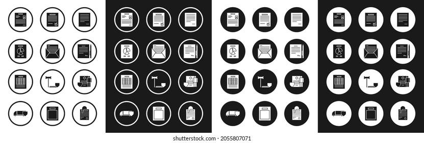 Set Document, Mail and e-mail, with graph chart, Personal document, Contract pen, Confirmed check mark, Medical clipboard clinical record and Report file icon. Vector