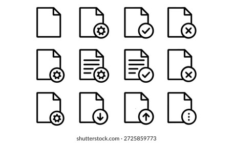 Conjunto de símbolos de gestión de documentos. Colección de iconos de línea de procesamiento de archivos. Ilustración de arte de Clip de Vector aislado en transparente.