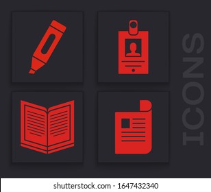 Set Document, Marker pen, Identification badge and Open book icon. Vector