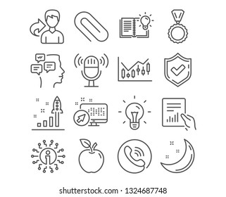 Set of Document, Messages and Financial diagram icons. Microphone, Idea and Development plan signs. Paper clip, Medal and Product knowledge symbols. File with diagram, Notifications, Candlestick chart