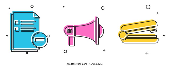 Set Document with minus, Megaphone and Office stapler icon. Vector