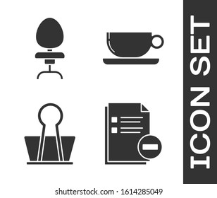 Set Document with minus, Office chair, Binder clip and Coffee cup flat icon. Vector