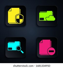 Set Document with minus, Document protection concept, Search concept with folder and Cloud storage text document folder. Black square button. Vector