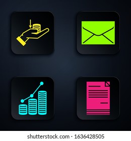 Set Document, Money on hand, Pie chart infographic and coin and Envelope. Black square button. Vector