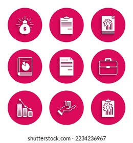 Set Document, Money on hand, Clipboard with graph chart, Briefcase, Pie infographic coin, User manual,  and bag icon. Vector