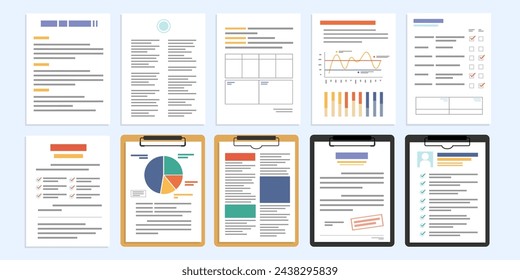 Conjunto de documento, Documento en el portapapeles y el portapapeles, Papel de hoja y documento con datos, Documento de lista de verificación, ilustración vectorial de icono de diseño plano.	