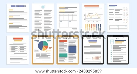 Set of document, Document on paper holder and clipboard, Sheet paper and document with data, Checklist document, flat design icon vector illustration.	