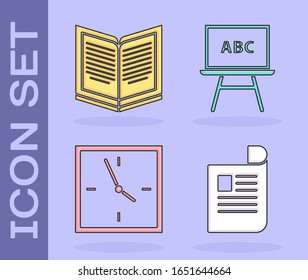 Set Document, Open book, Clock and Chalkboard icon. Vector